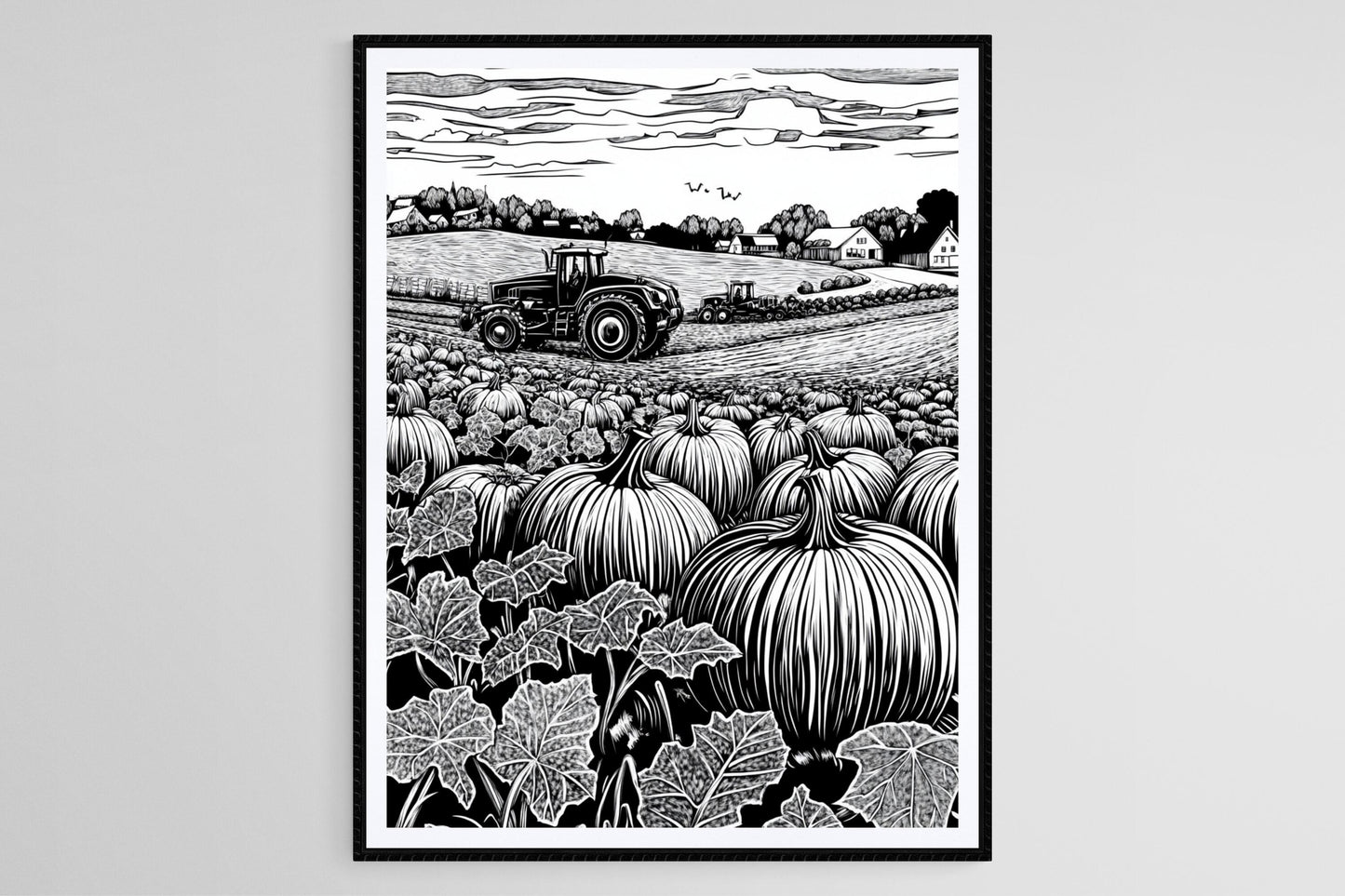 Affiche Récolte de Ferme – Poster Art de Citrouilles et Tracteur Rustique