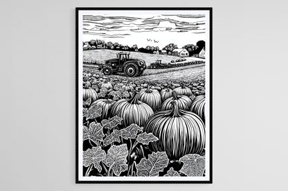 Affiche Récolte de Ferme – Poster Art de Citrouilles et Tracteur Rustique