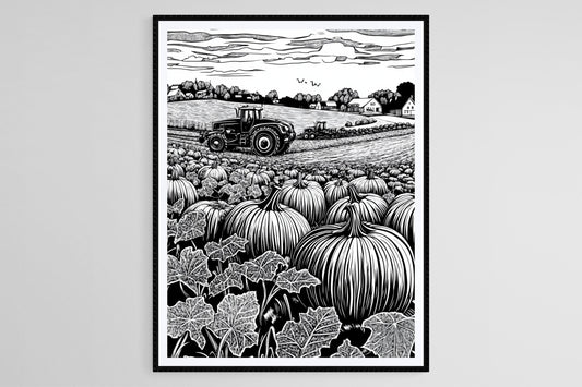 Affiche Récolte de Ferme – Poster Art de Citrouilles et Tracteur Rustique