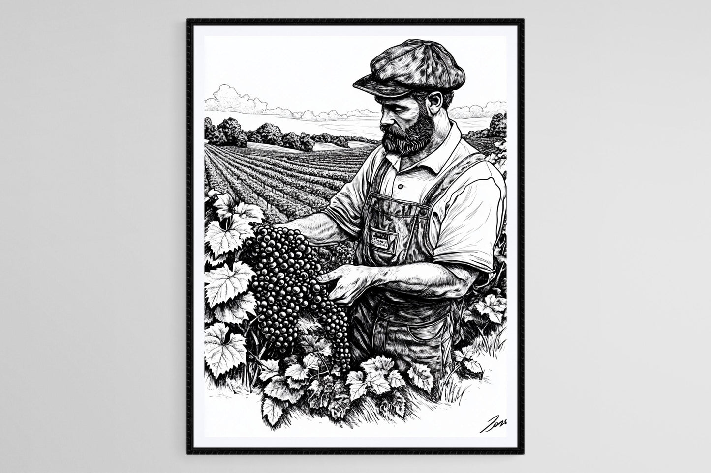 Affiche Vigneron – Affiche linogravure, Art de récolte viticole, Décor rustique