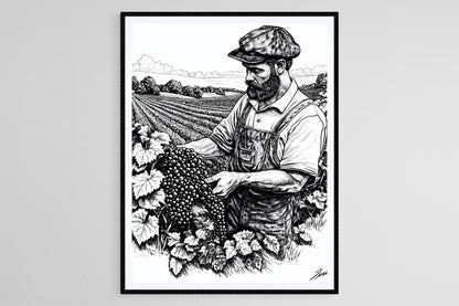 Affiche Vigneron – Affiche linogravure, Art de récolte viticole, Décor rustique
