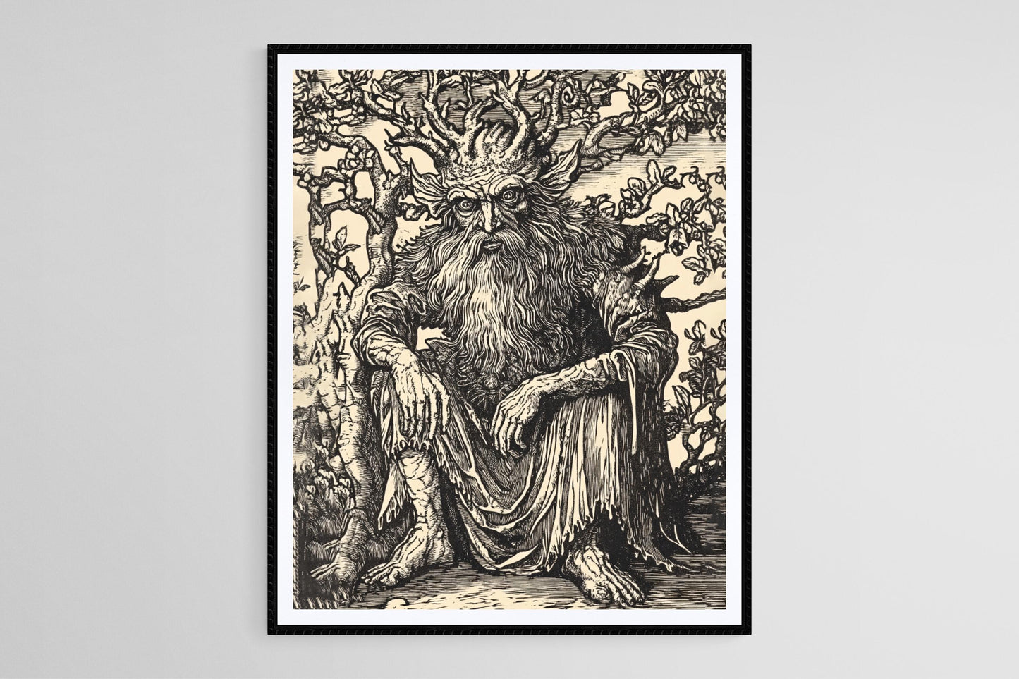 Affiche Forêt Médiévale – Illustration de Divinité Mythique en Bois