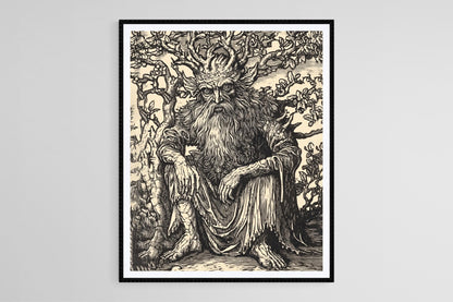 Affiche Forêt Médiévale – Illustration de Divinité Mythique en Bois