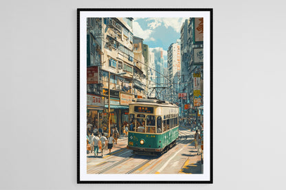 Affiche Tram de Hong Kong – Poster Scène Urbaine Iconique et Animée