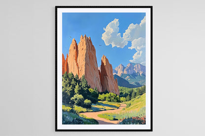 Affiche Jardin des Dieux – Illustration des formations rocheuses rouges et ciel bleu