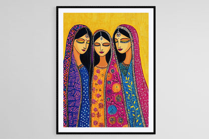 Affiche Mithila – Impression artistique Femmes en Sarees, Design folklorique indien