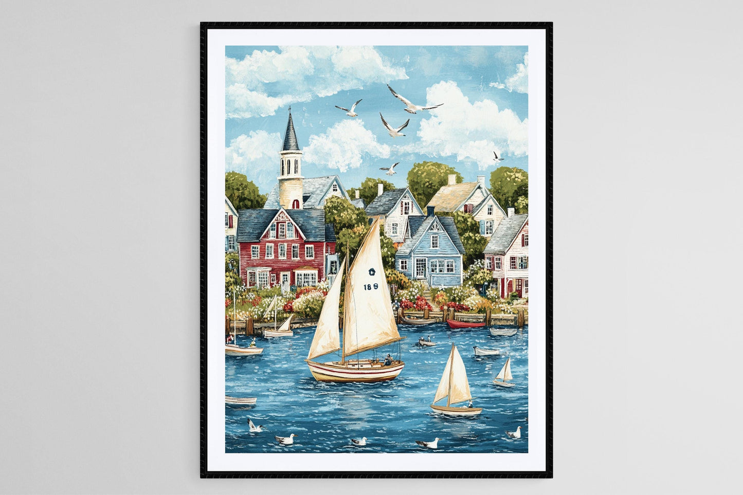 Affiche Nantucket – Imprimé d'art de voiliers et maisons côtières