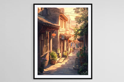 Affiche Hutong au Coucher de Soleil – Poster Allée Traditionnelle en Lumière Dorée