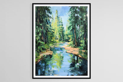 Affiche Rivière Sinueuse en Forêt – Poster Art Dynamique à la Emily Carr