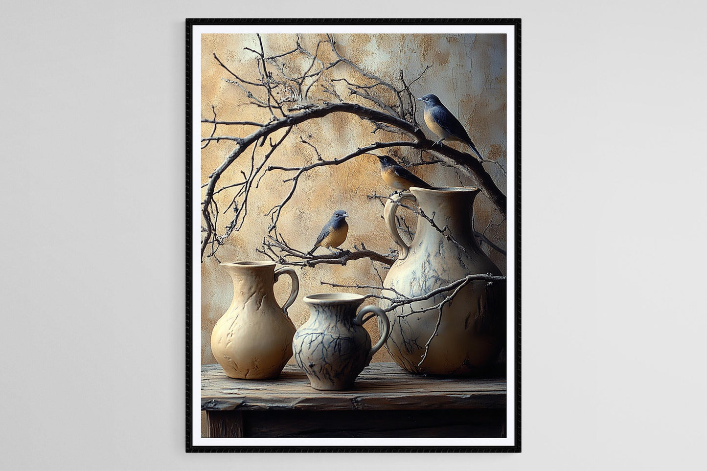 Affiche Nature - Poster Art de la Nature avec Poterie Rustique et Oiseaux