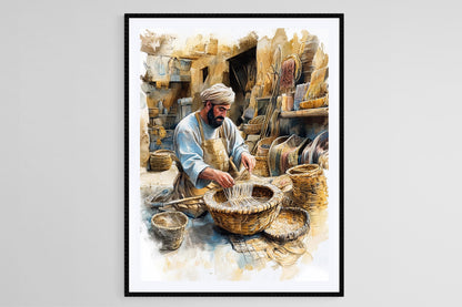 Affiche Artisanat Irakien – Poster Scène de Tissage de Panier Traditionnel