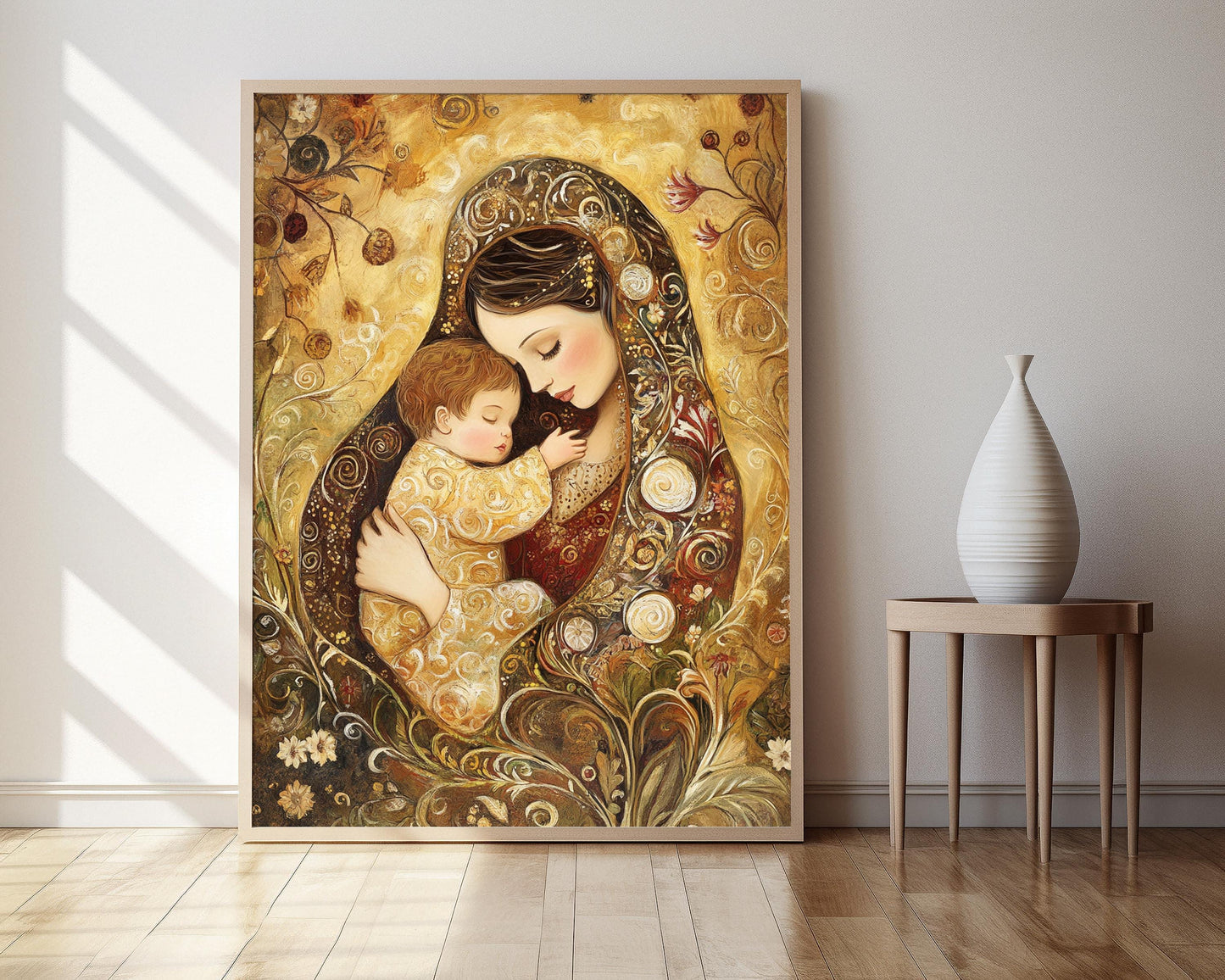 Affiche Mère et Enfant – Poster Art inspiré de Klimt avec motifs tourbillonnants et reflets dorés