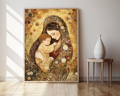 Affiche Mère et Enfant – Poster Art inspiré de Klimt avec motifs tourbillonnants et reflets dorés