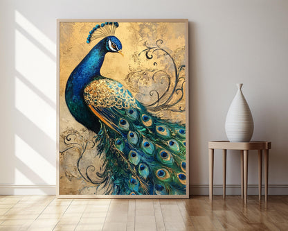 Affiche Paon Inspiré de Klimt – Poster Plumes Vibrantes et Dorées