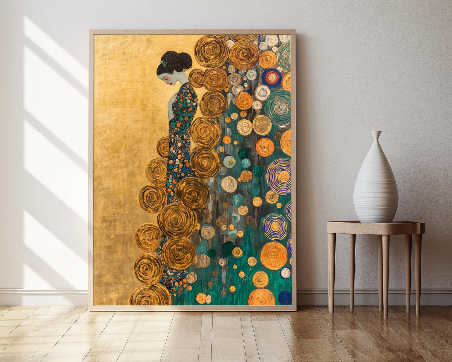 Affiche Art Abstrait Inspirée de Klimt – Poster Portrait avec Motifs Dorés et Bleus
