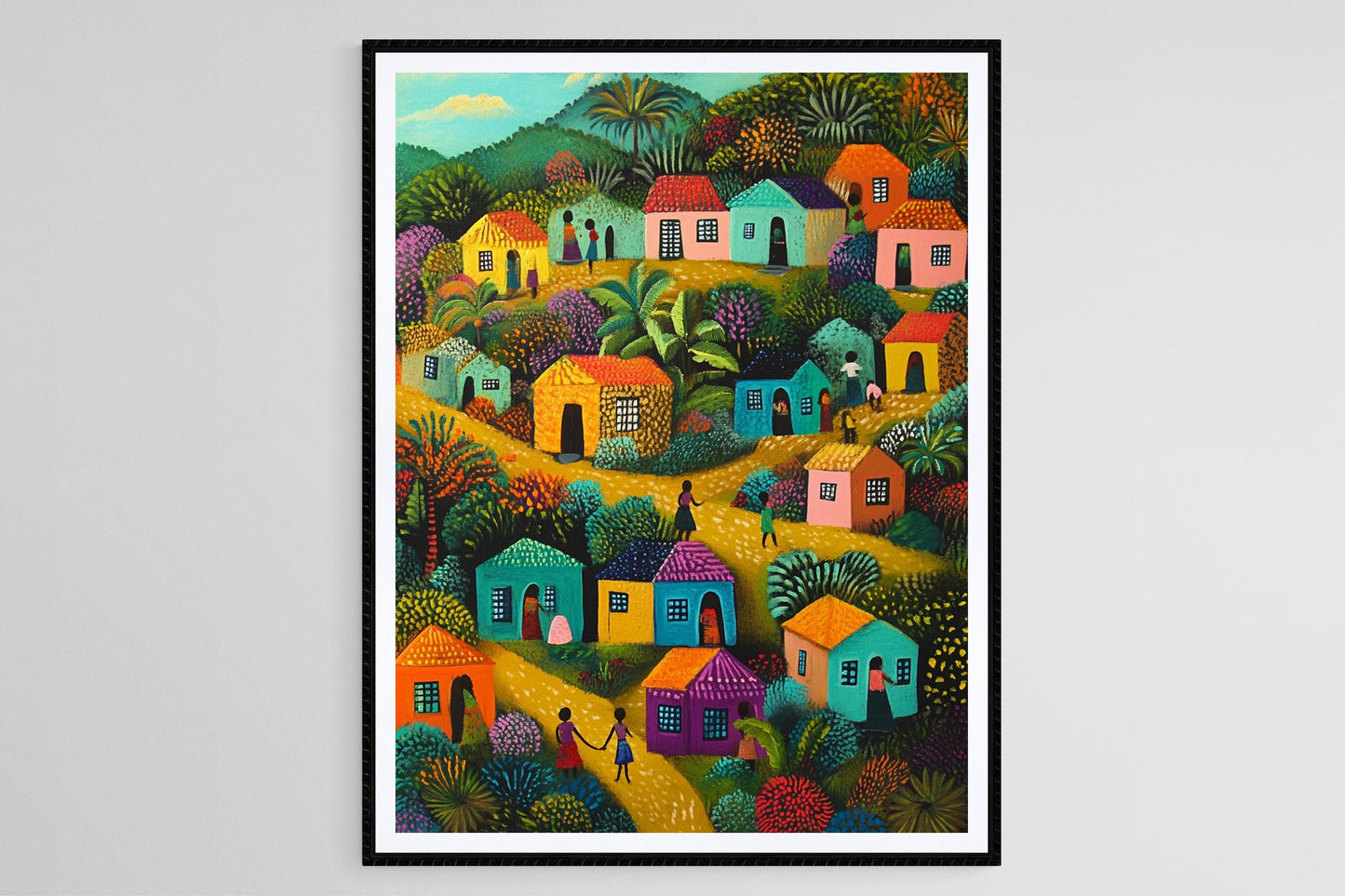 Affiche Village Haïtien – Poster Art Naïve avec Maisons Colorées