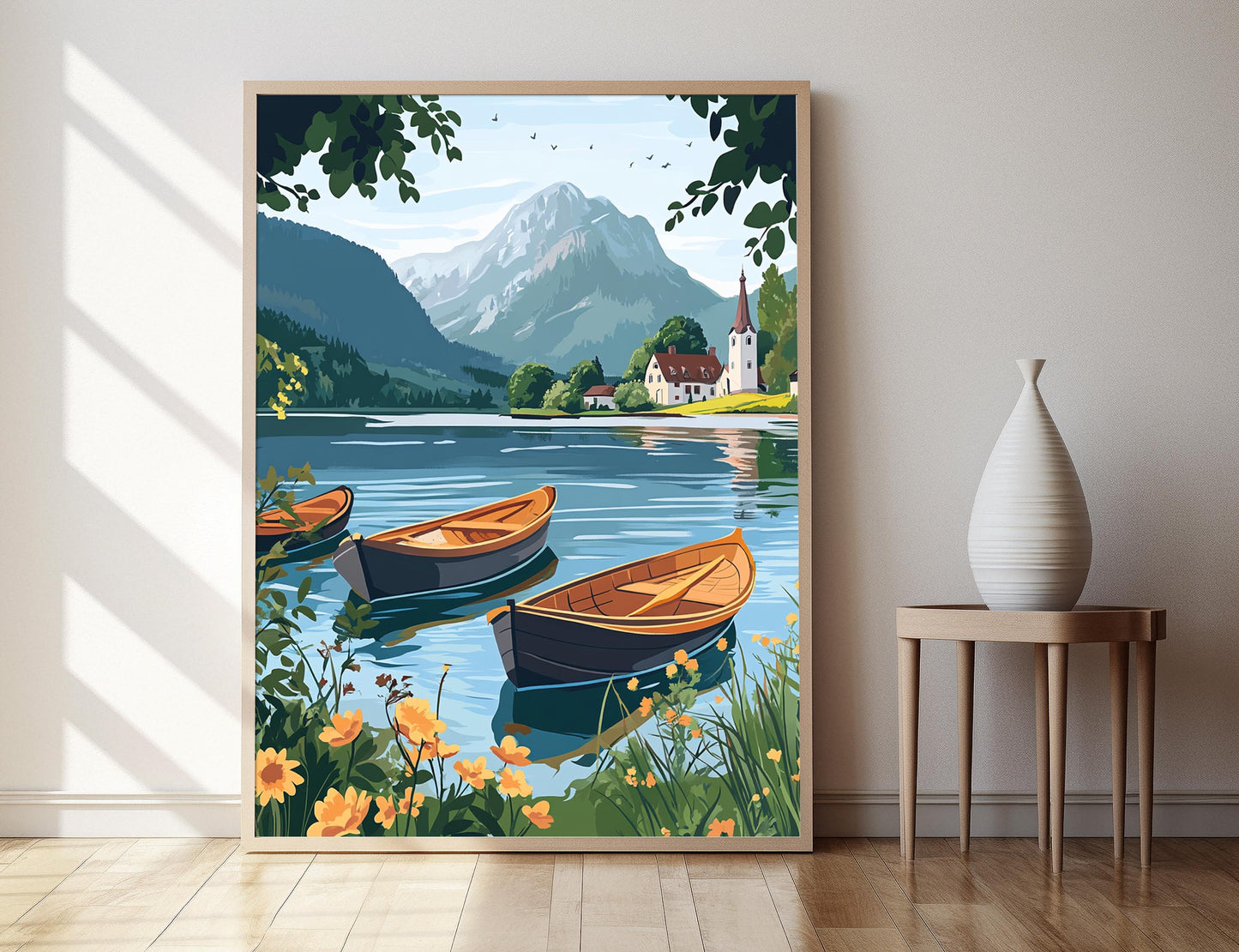 Affiche Lac Wolfgang – Impression Art de Lac alpin autrichien et bateau