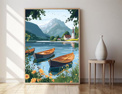 Affiche Lac Wolfgang – Impression Art de Lac alpin autrichien et bateau