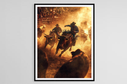 Affiche Rodeo Texas – Impression Art, Cowboys sur Taureaux, Scène Western