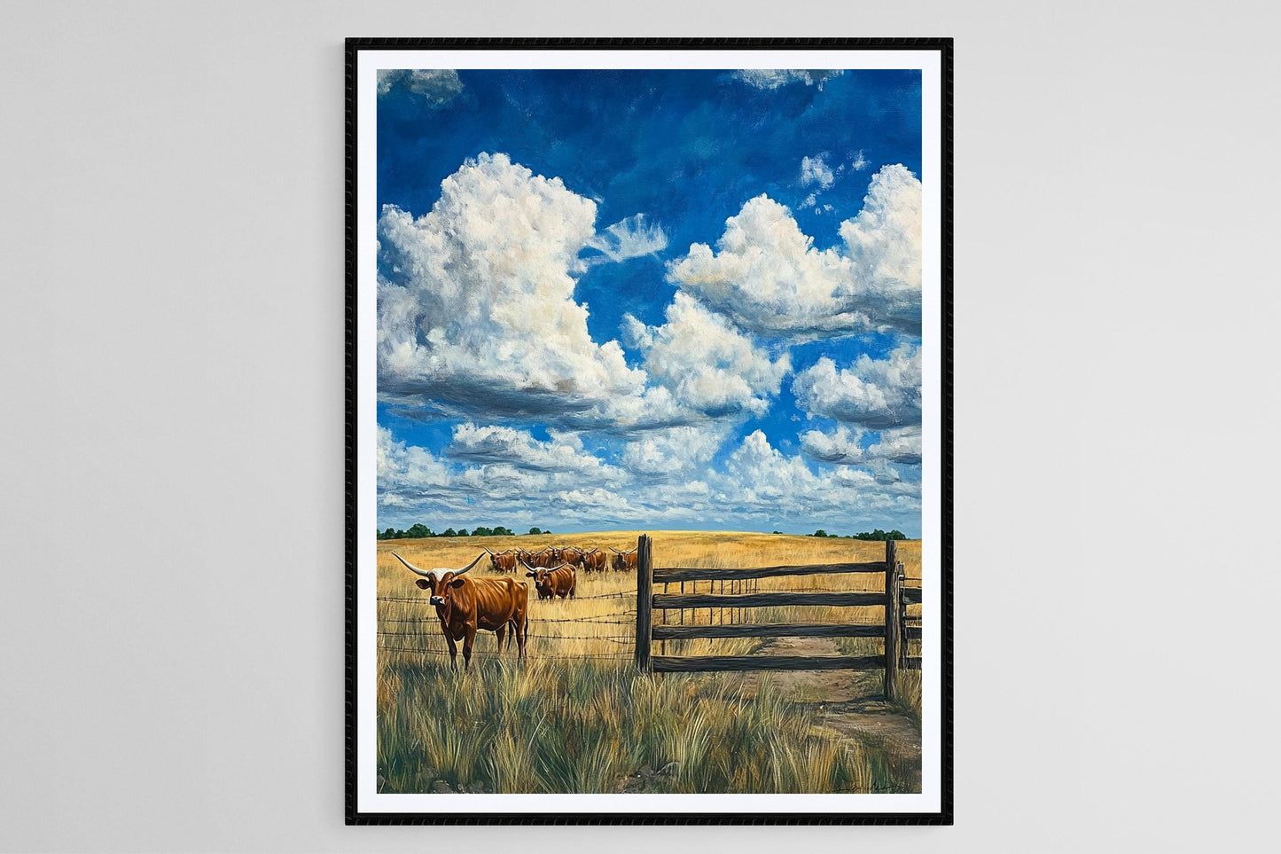 Affiche Texas Longhorn – Poster Art de Ranch avec Bétail et Ciel Ouvert