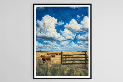 Affiche Texas Longhorn – Poster Art de Ranch avec Bétail et Ciel Ouvert