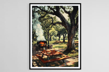 Affiche BBQ du Texas – Imprimé Rustique avec Fumoir et Chênes
