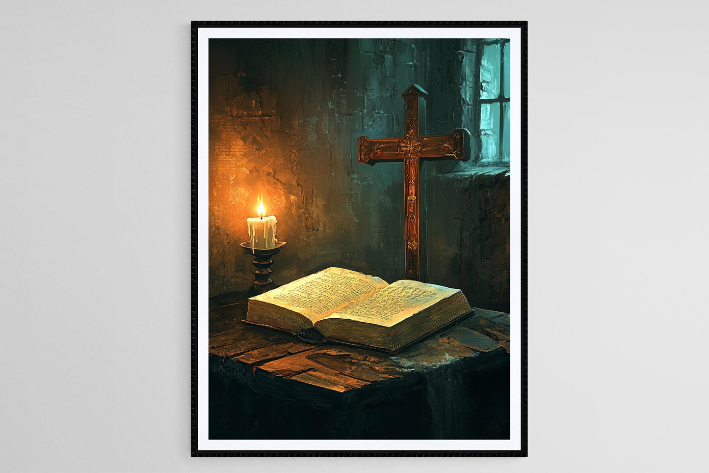 Affiche Bible Sacrée – Art Print Page Ouverte avec Bougie et Sagesse Chrétienne