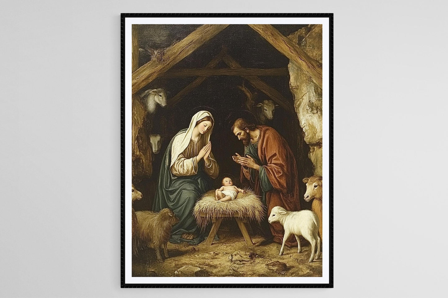 Affiche Crèche – Art Print Famille Sainte dans l'Étable, Décor de Noël