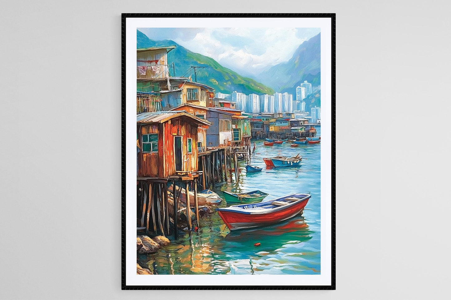 Affiche Village de Pêche de Hong Kong – Impression de Maisons sur Pilotis et Bateaux