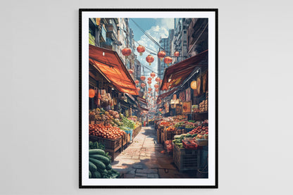 Affiche Marché de Rue à Hong Kong – Impression Art Colorée et Lanternes