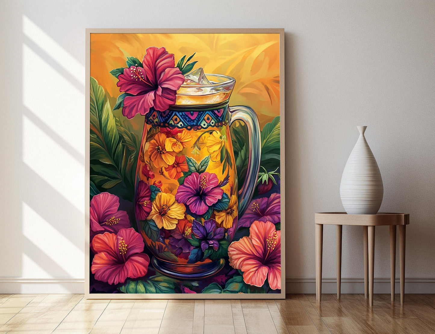 Affiche Agua de Jamaica – Impression artistique avec pichet en verre et designs Otomi