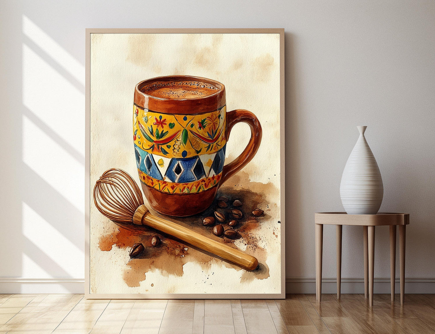Affiche Champurrado Mexicain – Imprimé avec Tasse en Argile et Motifs Nahua