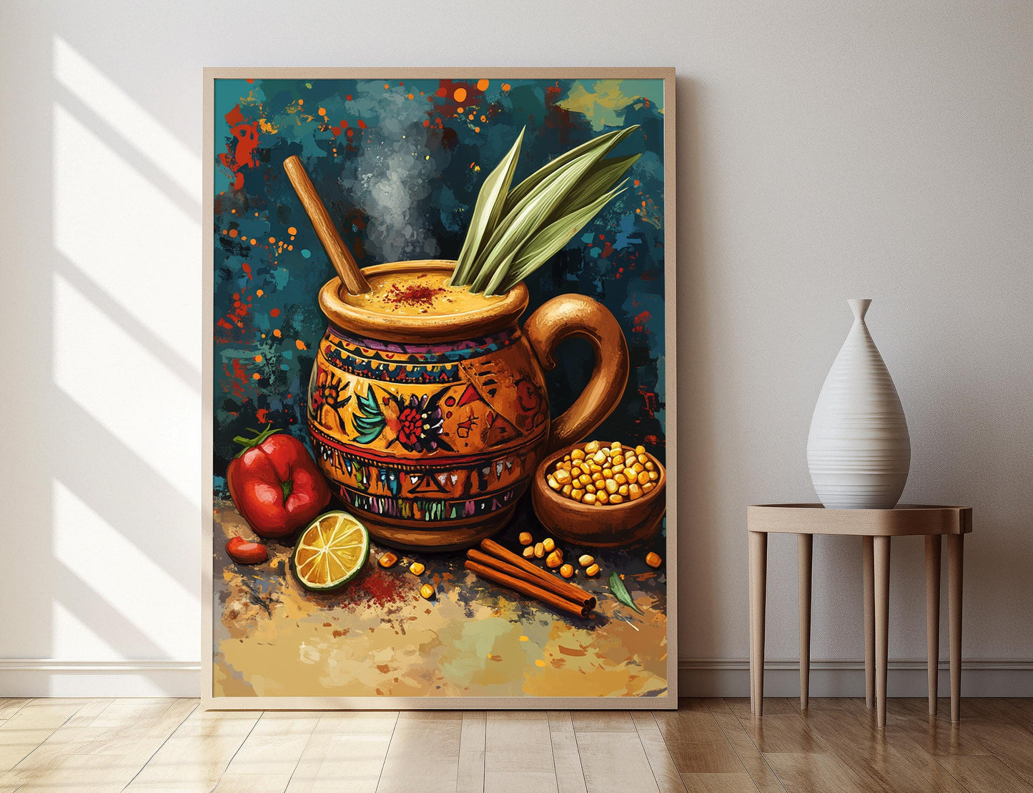 Affiche Atole Mexicain – Impression d'Art de Bol en Argile avec Motifs Mayas