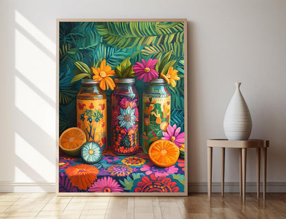 Affiche Aguas Frescas – Poster Coloré avec Bocaux Otomi pour Décor Mexicain