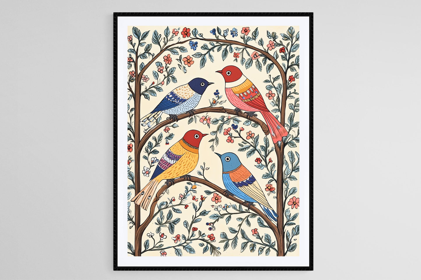 Affiche Oiseaux Mithila – Poster Art Populaire Indienne Colorée