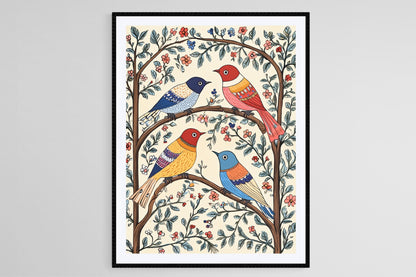 Affiche Oiseaux Mithila – Poster Art Populaire Indienne Colorée