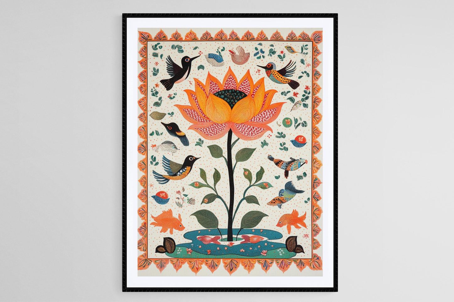 Affiche Fleur de Lotus Mithila – Art Naturel Folk Indien