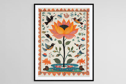 Affiche Fleur de Lotus Mithila – Art Naturel Folk Indien