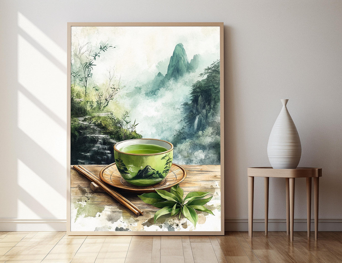 Affiche Thé Vert – Poster Tasse en Bambou avec Paysages Artistiques