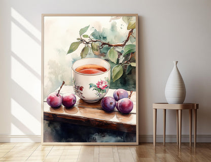 Affiche Art de Vin de Prune – Poster Tasse en Céramique avec Pivoines et Lotus