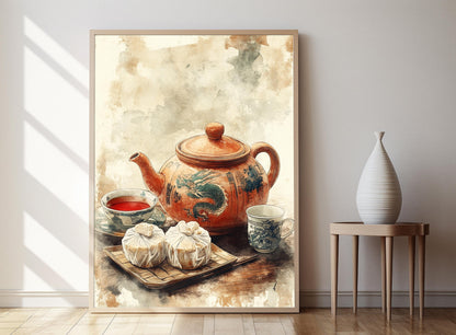 Affiche Thé Pu-erh – Imprimé d'Art avec Dragon et Gâteaux de Thé