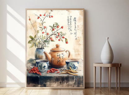Affiche de Thé Herbal – Illustration de Théière Yixing et Calligraphie Chinoise
