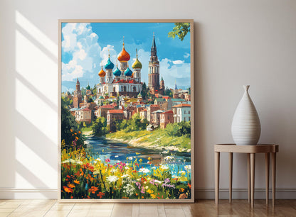 Affiche Kazan Kremlin – Poster avec dômes colorés et rivière Kazanka