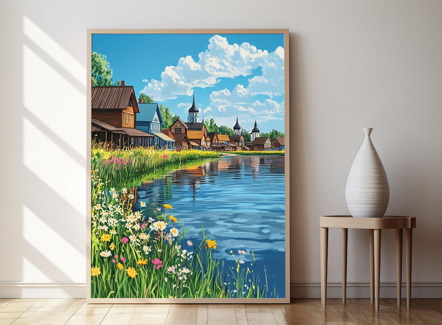 Affiche Kizhi Village – Impression artistique des maisons en bois au lac Onega