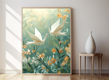 Affiche Grues en Origami dans le Jardin – Poster Symbole d'Amour Japonais