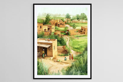 Affiche Art du Village Pakistanais – Illustration de la Vie Rurale