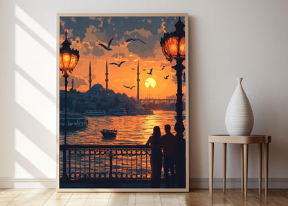 Affiche Romantique – Poster Lever de soleil romantique sur le pont de Galata