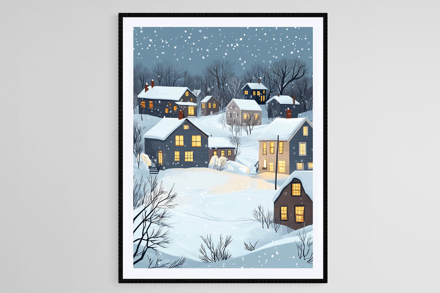 Affiche Hiver du Connecticut – Illustration d'une Petite Ville Chaleureuse