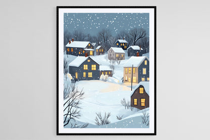Affiche Hiver du Connecticut – Illustration d'une Petite Ville Chaleureuse