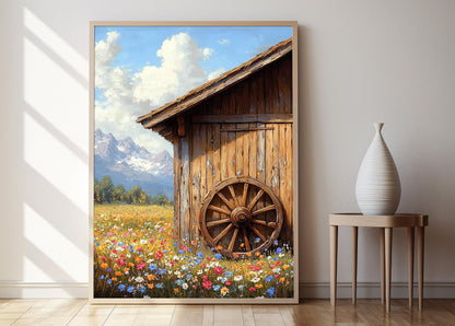 Affiche Ferme Péruvienne – Imprimerie Roue de Chariot avec Fleurs Sauvages